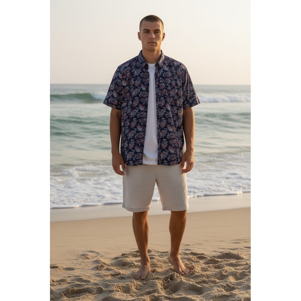 Volcom Button-Up Shirt Men's 2XL‎ Navy Blue Paisley Short Sleeve Collared resort